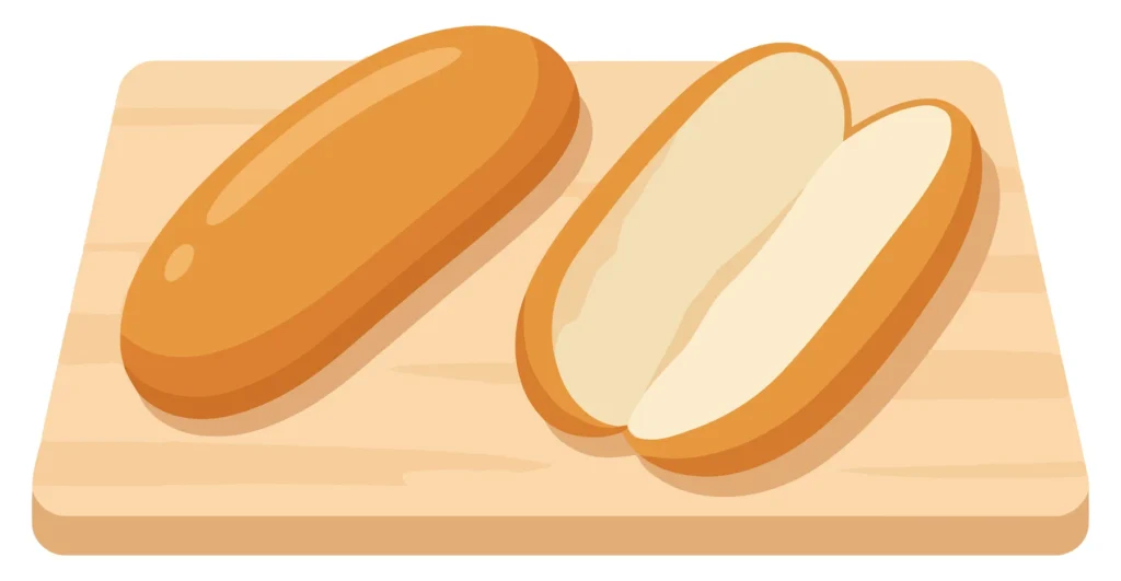 Hot Dog Buns On A Wooden Cutting Board, One Whole And One Split, Ready For A Hot Dog, Isolated On White Background hot dog buns on a wooden cutting board, one whole and one split, ready for a hot dog, isolated on white background