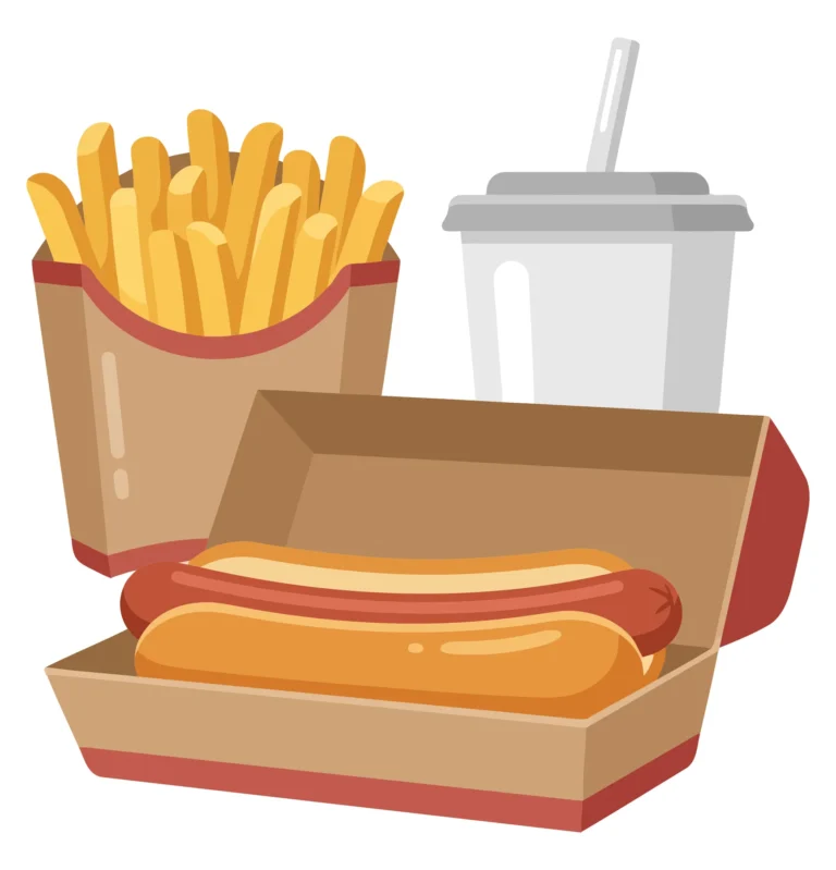 hot dog combo meal with french fries and a soda drink in a takeaway box, isolated on white background