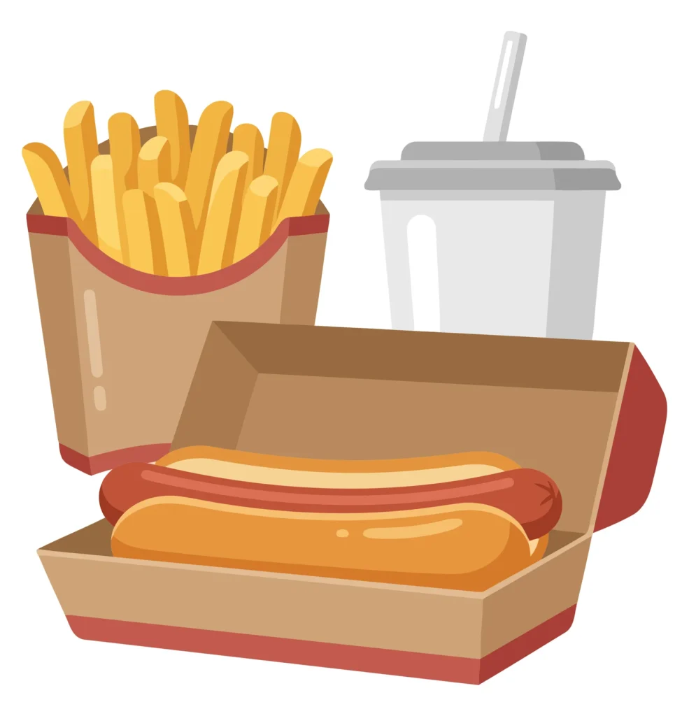 Hot Dog Combo Meal With French Fries And A Soda Drink In A Takeaway Box, Isolated On White Background hot dog combo meal with french fries and a soda drink in a takeaway box, isolated on white background