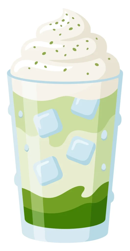 iced matcha latte with whipped cream in a glass