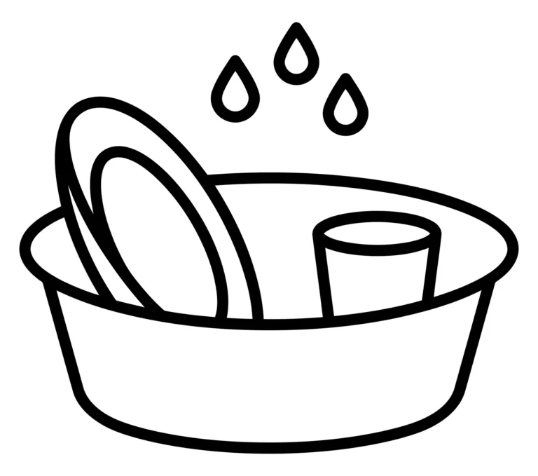 Minimalist icon of basin with dishes and water droplets
