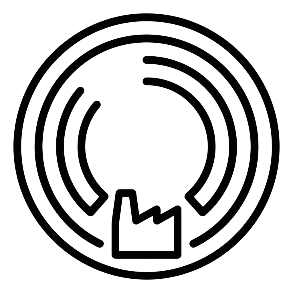 icon of a factory building inside a circular target or radar symbol