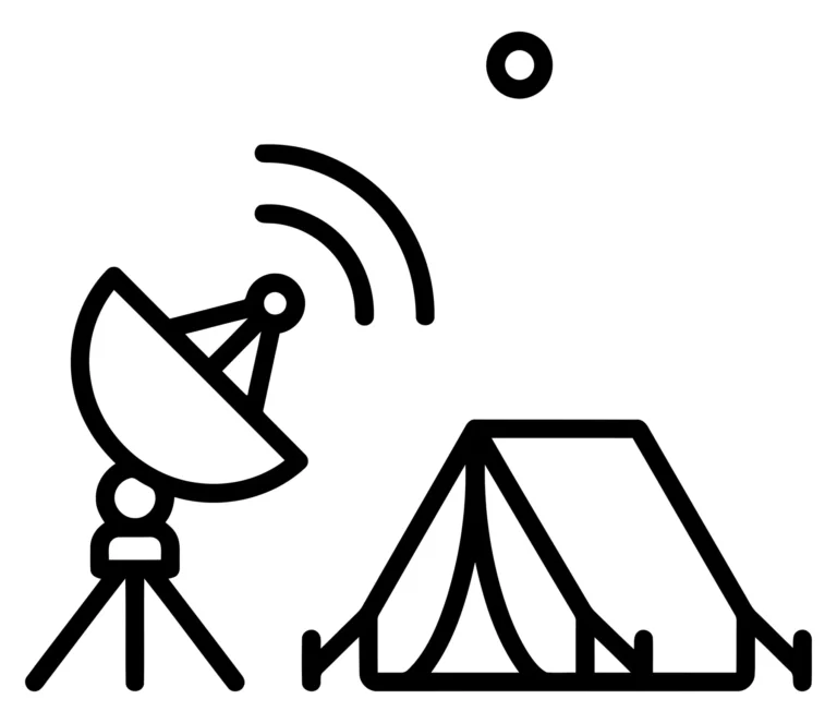 icon of a satellite dish antenna next to a camping tent
