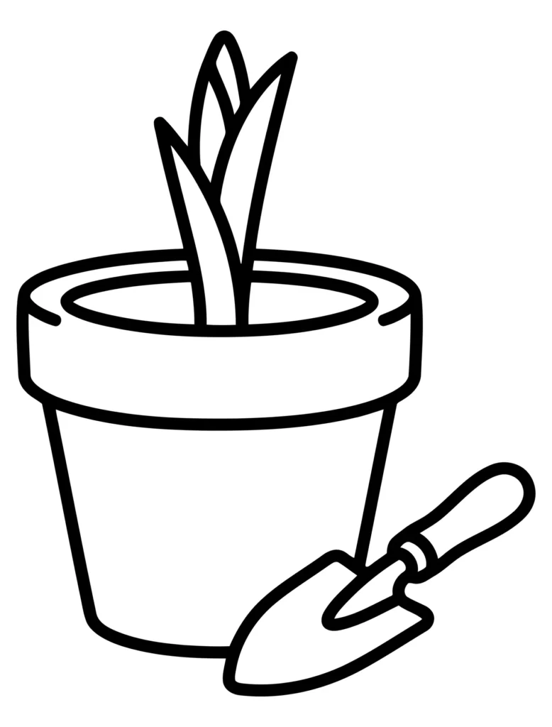 icon of a small plant growing in a flower pot with a gardening trowel beside it