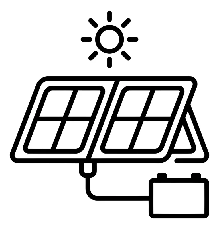 icon of solar panels connected to a battery with sun above