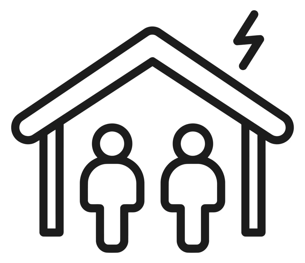 icon of two people standing inside a house with a lightning bolt symbol above the roof