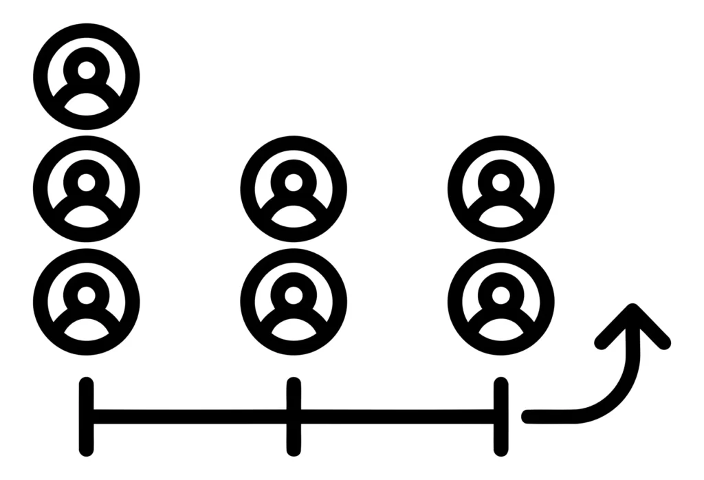icon representing a queue or waiting line of people with an arrow indicating movement