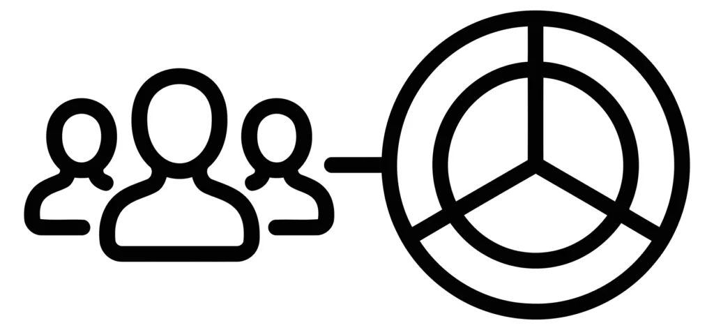 icon showing a group of people connected to a segmented pie chart, representing audience segmentation and demographic analysis
