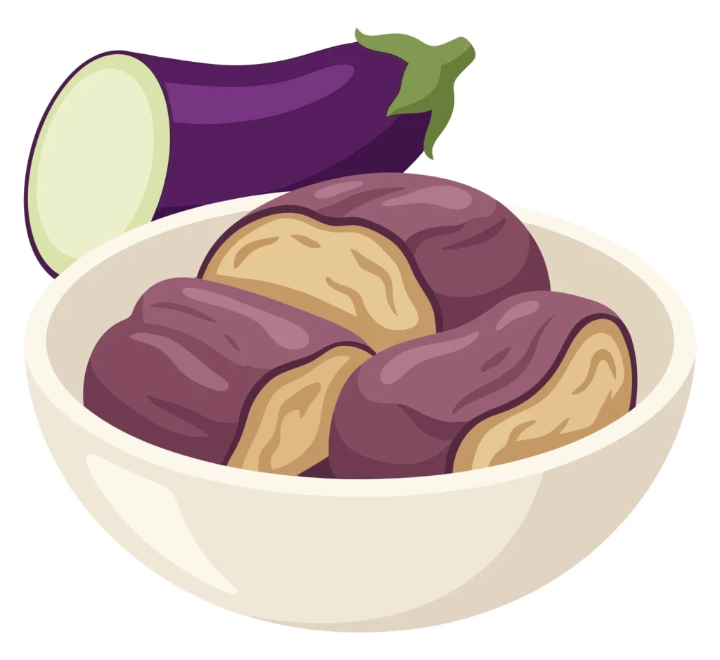 Illustration Of A Bowl Filled With Sliced Eggplant Pieces And A Whole Eggplant Half Isolated On White Background illustration of a bowl filled with sliced eggplant pieces and a whole eggplant half isolated on white background