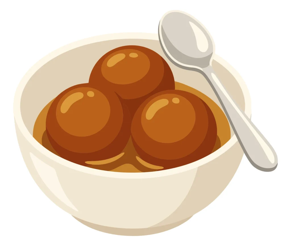 Illustration Of A Bowl Of Gulab Jamun, A Popular Indian Sweet Dessert, Served In A White Bowl With A Spoon, Depicted In A Simple, Stylized G illustration of a bowl of gulab jamun, a popular indian sweet dessert, served in a white bowl with a spoon, depicted in a simple, stylized g