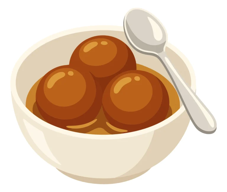 illustration of a bowl of gulab jamun, a popular indian sweet dessert, served in a white bowl with a spoon, depicted in a simple, stylized g