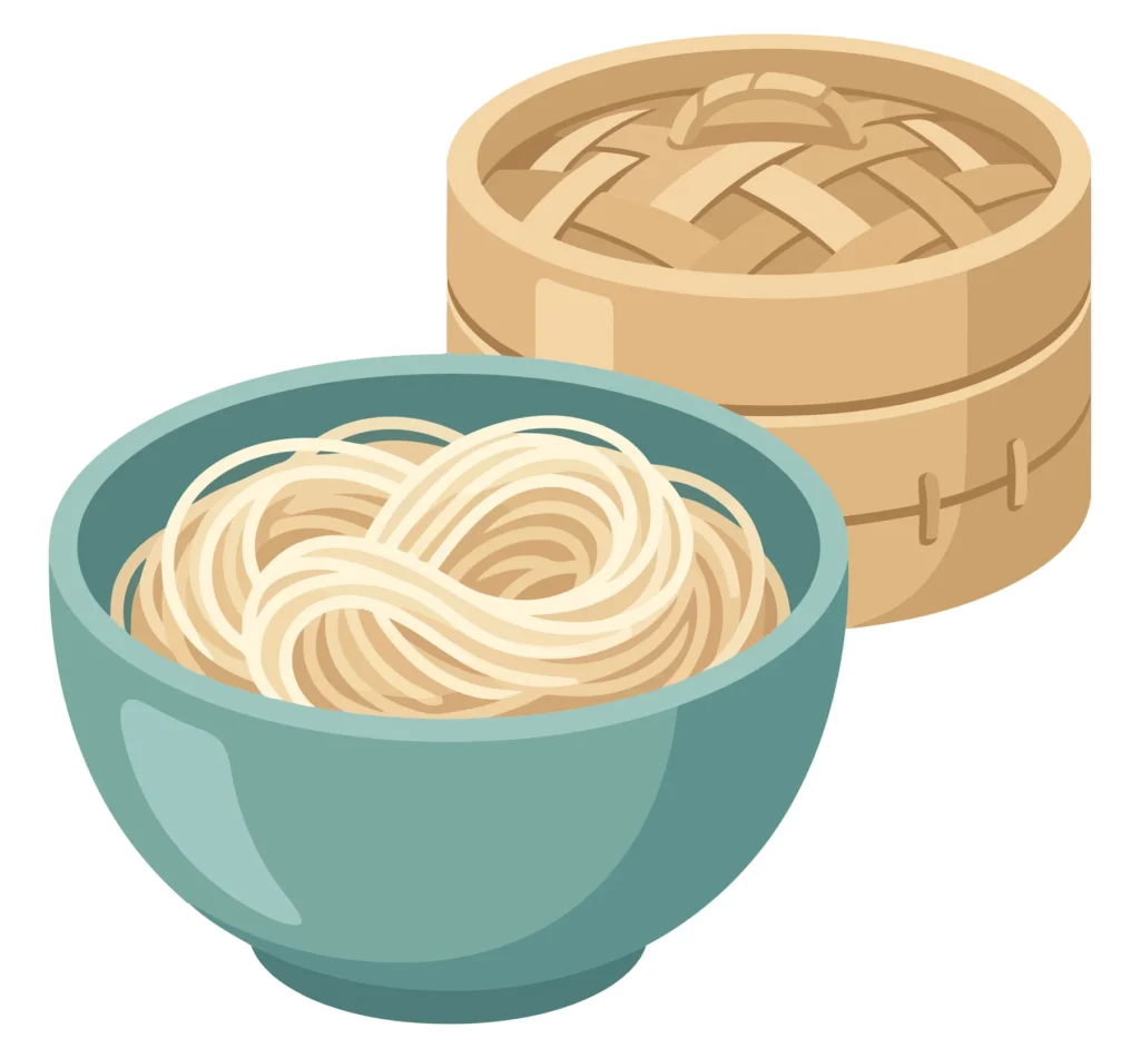 illustration of a bowl of noodles next to a bamboo steamer basket