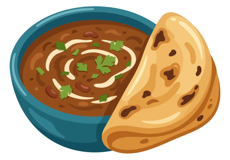 illustration of a bowl of savory bean soup garnished with cream and fresh herbs, served with flatbread isolated on white background