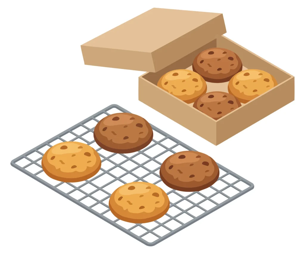 illustration of a cardboard box filled with chocolate chip cookies and a wire cooling rack with freshly baked cookies, isolated on white bac