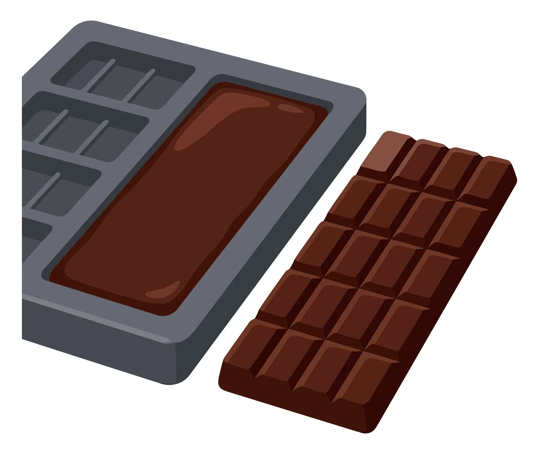 illustration of a chocolate bar next to a mold, showing the process of making homemade chocolate sweets, isolated on white background