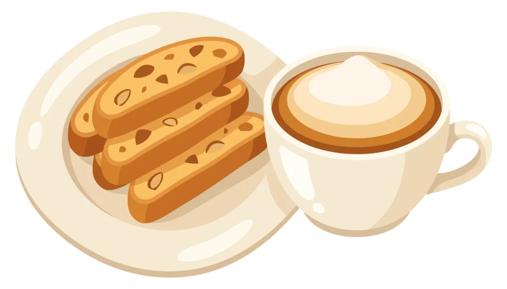 illustration of a cup of coffee with foam and a plate of crunchy almond biscotti cookies