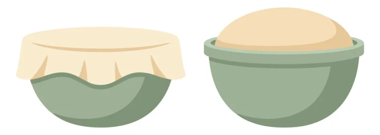 illustration of a dough bowl covered with a cloth and a bowl of risen dough ready for baking