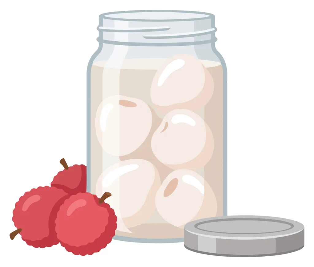 illustration of a glass jar filled with peeled lychee fruits in syrup next to fresh whole lychees and a metal lid