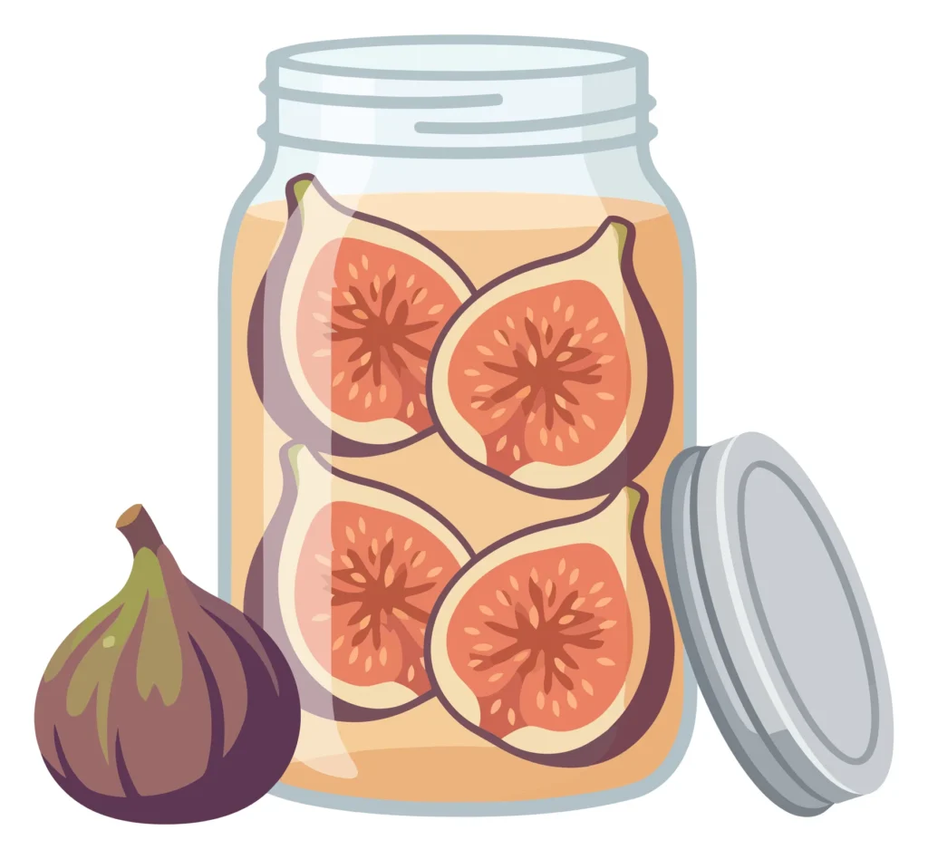 illustration of a glass jar filled with preserved sliced figs and a whole fresh fig next to it, vector graphic design element