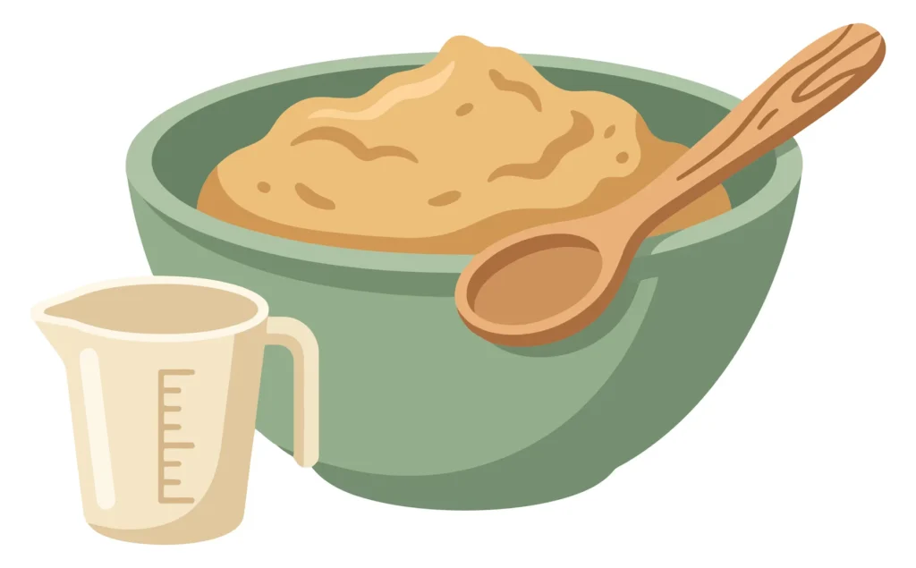 illustration of a green mixing bowl filled with dough, a wooden spoon resting inside, and a measuring cup, isolated on white background