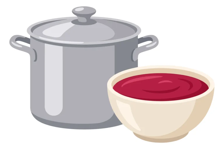 illustration of a metal cooking pot with a lid next to a bowl filled with red soup or sauce isolated on white background