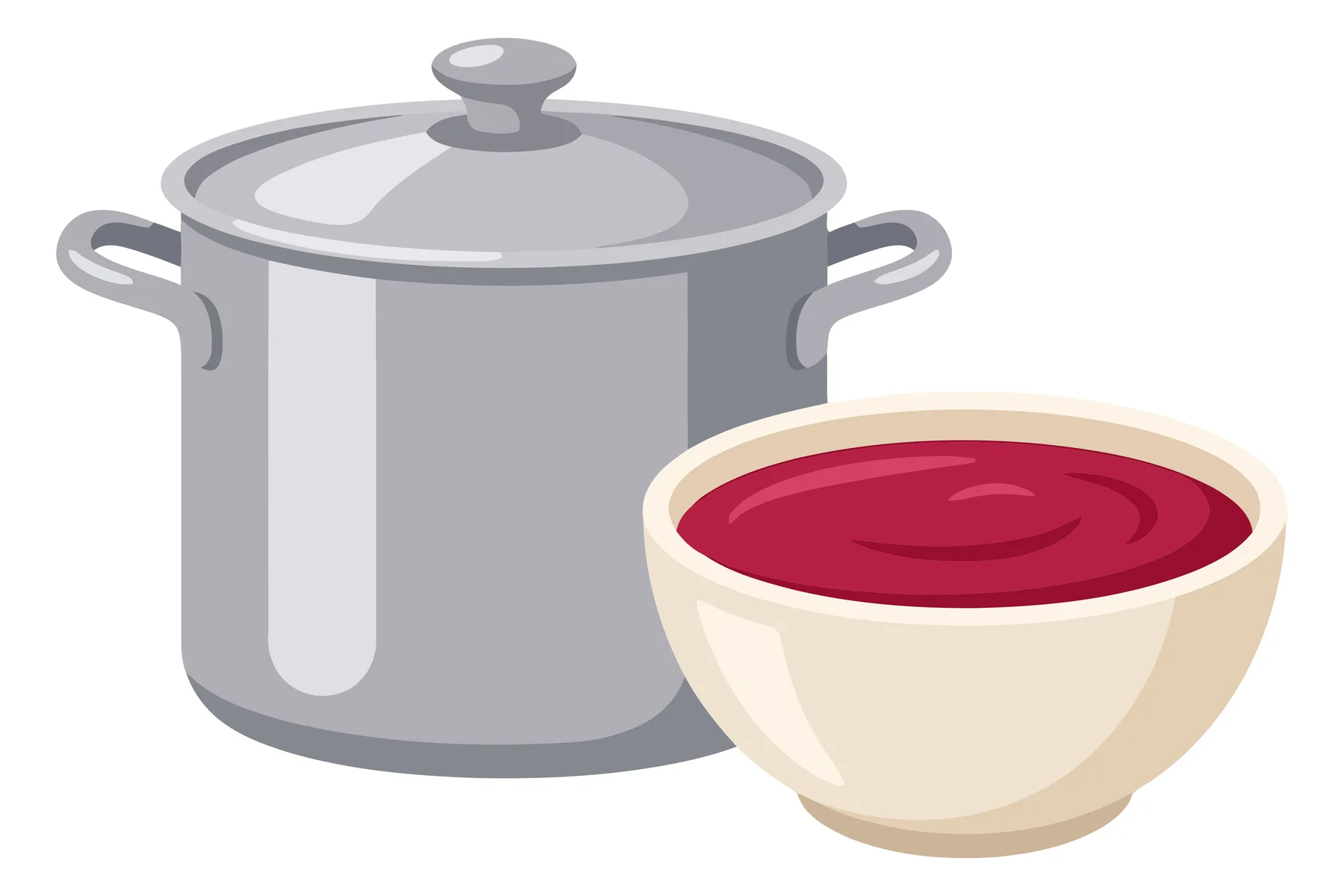 illustration of a metal cooking pot with a lid next to a bowl filled with red soup or sauce isolated on white background