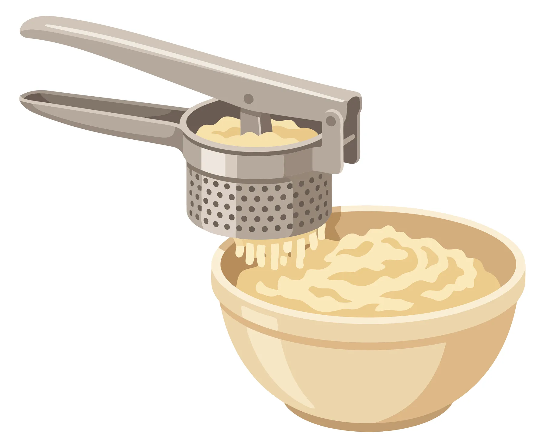 illustration of a metal potato ricer pressing cooked potatoes into a ceramic mixing bowl, kitchen tool for preparing mashed potatoes and veg