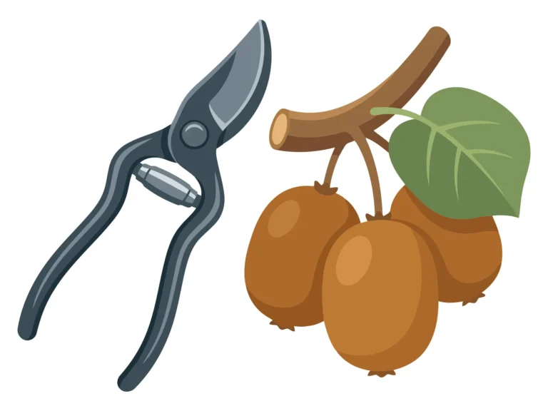 illustration of a pair of garden pruning shears next to a small branch with three ripe kiwi fruits and a green leaf