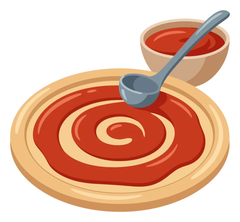 illustration of a pizza dough base being spread with tomato sauce using a ladle from a bowl