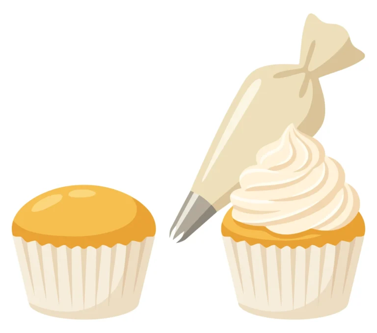 illustration of a plain cupcake and a decorated cupcake with a piping bag, isolated on white background