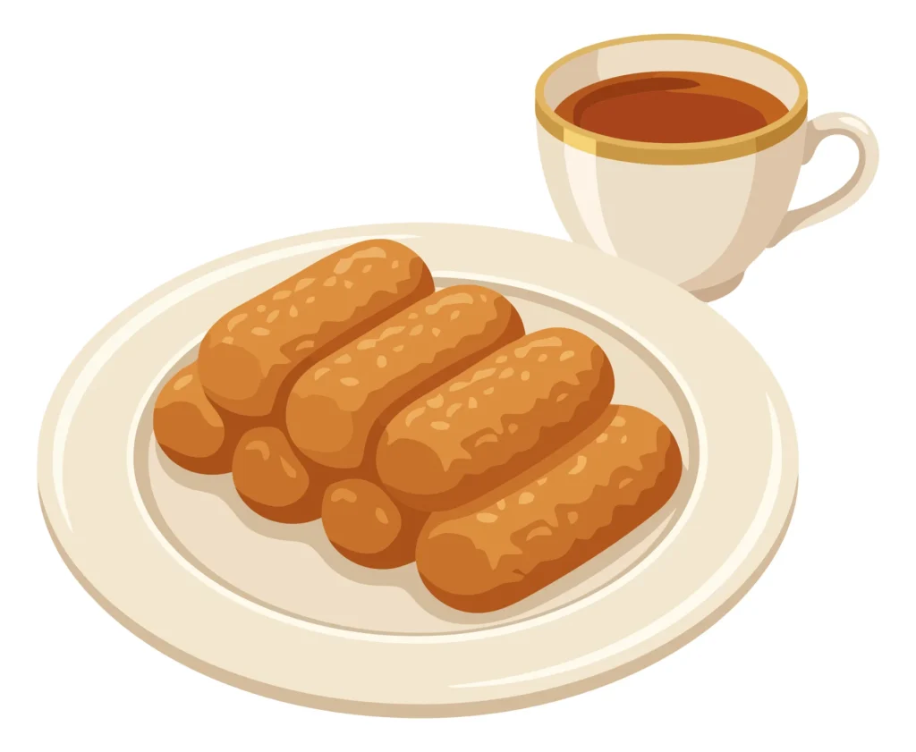 illustration of a plate with fried banana turon snacks and a cup of coffee isolated on white background