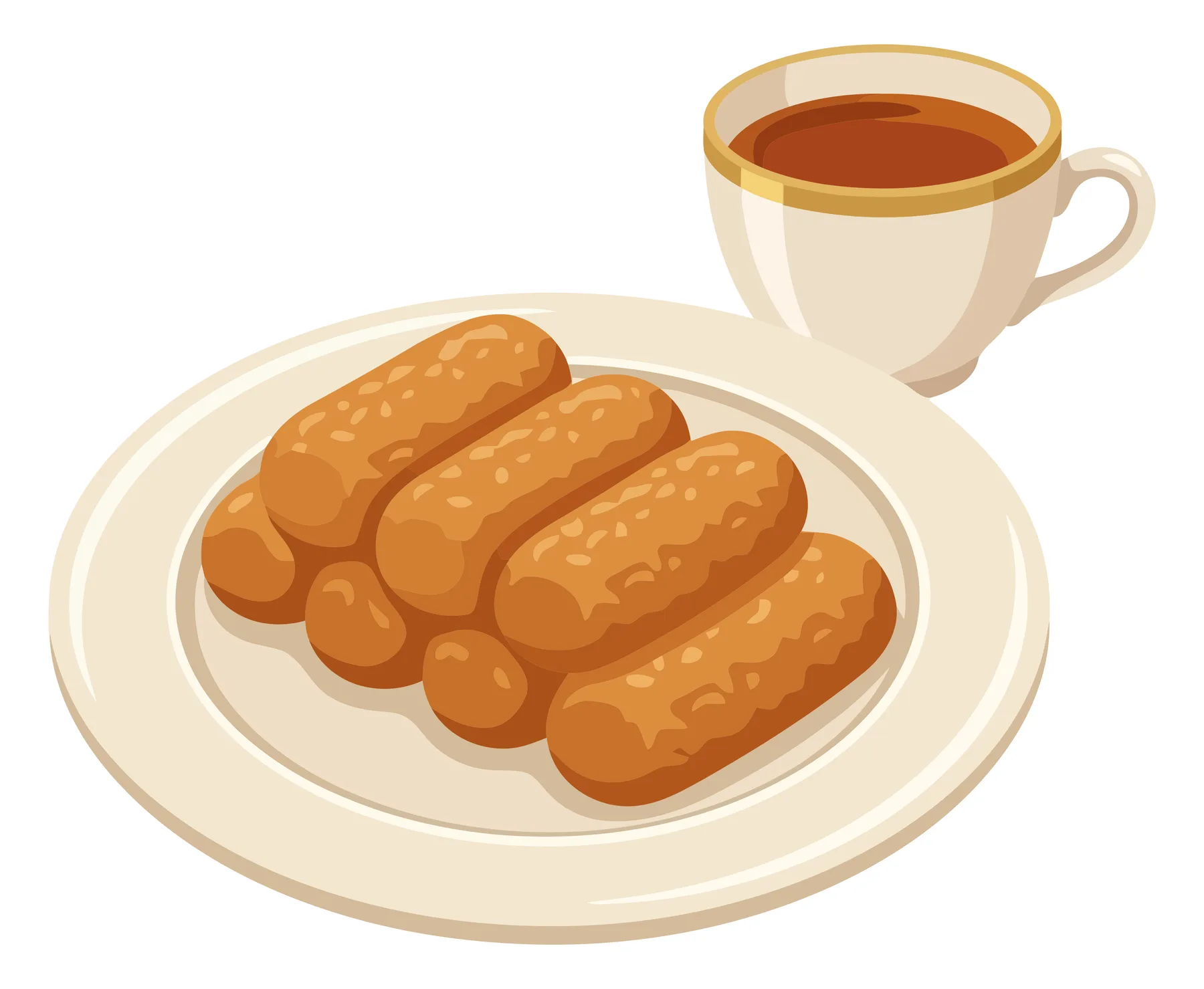 illustration of a plate with fried banana turon snacks and a cup of coffee isolated on white background