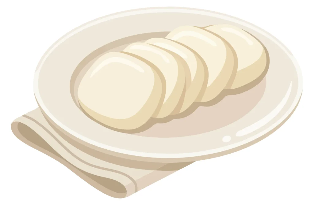 illustration of a plate with sliced mozzarella cheese balls arranged in a row, served on a napkin, isolated on white background