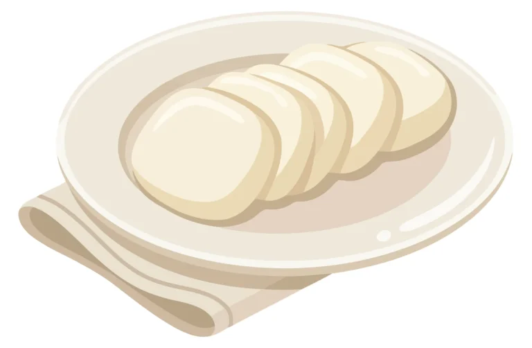 illustration of a plate with sliced mozzarella cheese balls arranged in a row, served on a napkin, isolated on white background