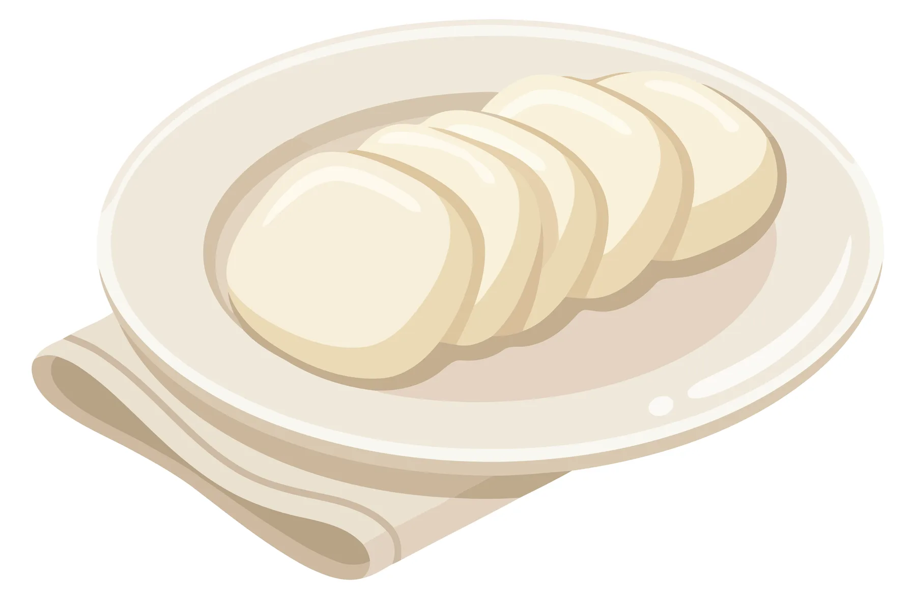 illustration of a plate with sliced mozzarella cheese balls arranged in a row, served on a napkin, isolated on white background