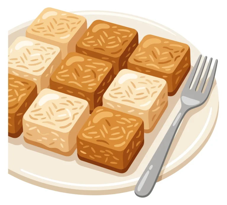 illustration of a plate with square rice cakes or snacks of different colors and a fork, isolated on white background