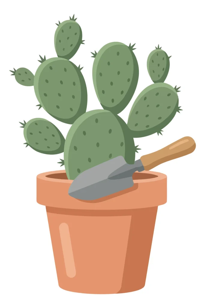 illustration of a prickly pear cactus in a terracotta pot with a small garden trowel resting in the soil, flat vector design