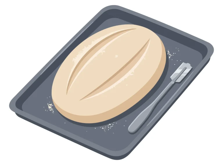illustration of a raw sourdough bread loaf on a baking tray with a bread lame scoring tool, vector flat design style