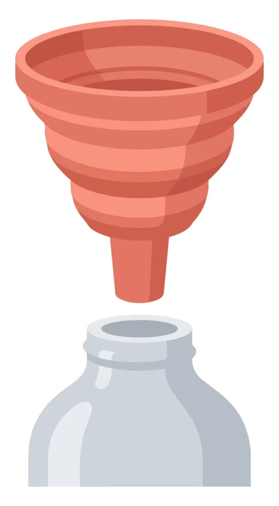 illustration of a red funnel being placed into the neck of a glass bottle