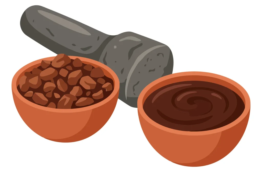 illustration of a stone mortar and pestle with a bowl of raw cacao beans and a bowl of smooth chocolate paste