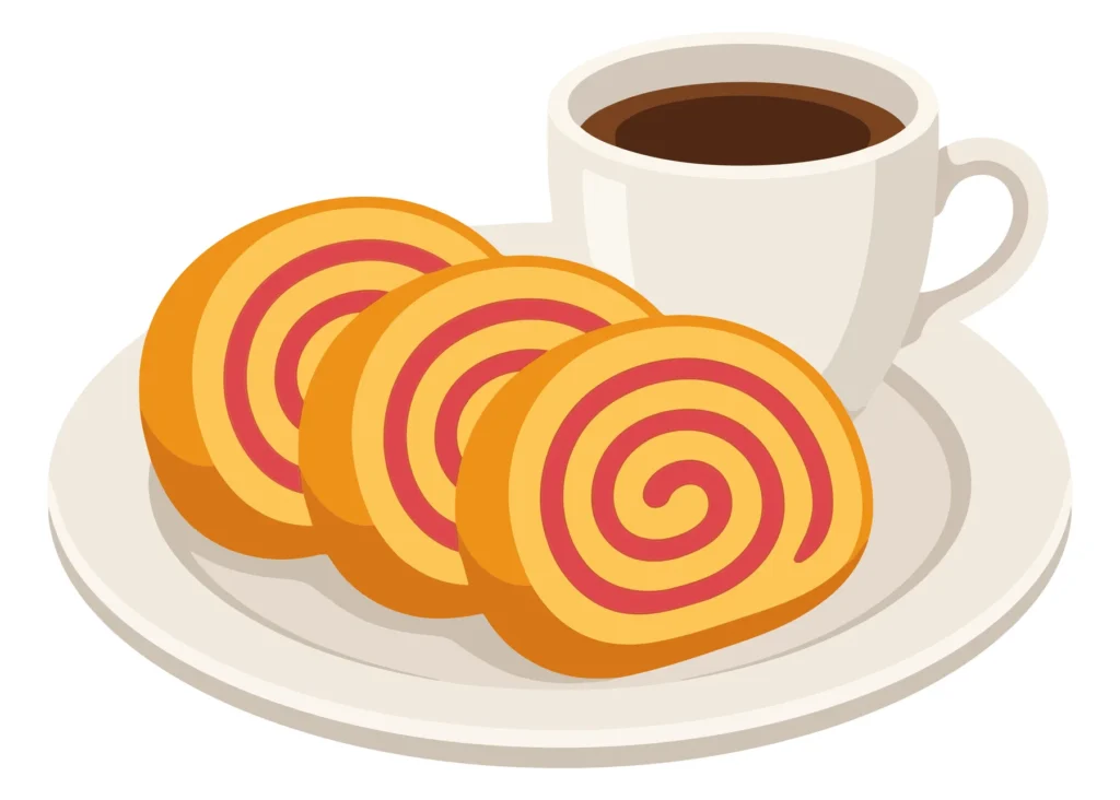 illustration of a white plate with three slices of swiss roll cake with pink fruit jam filling and a cup of black coffee isolated on white b