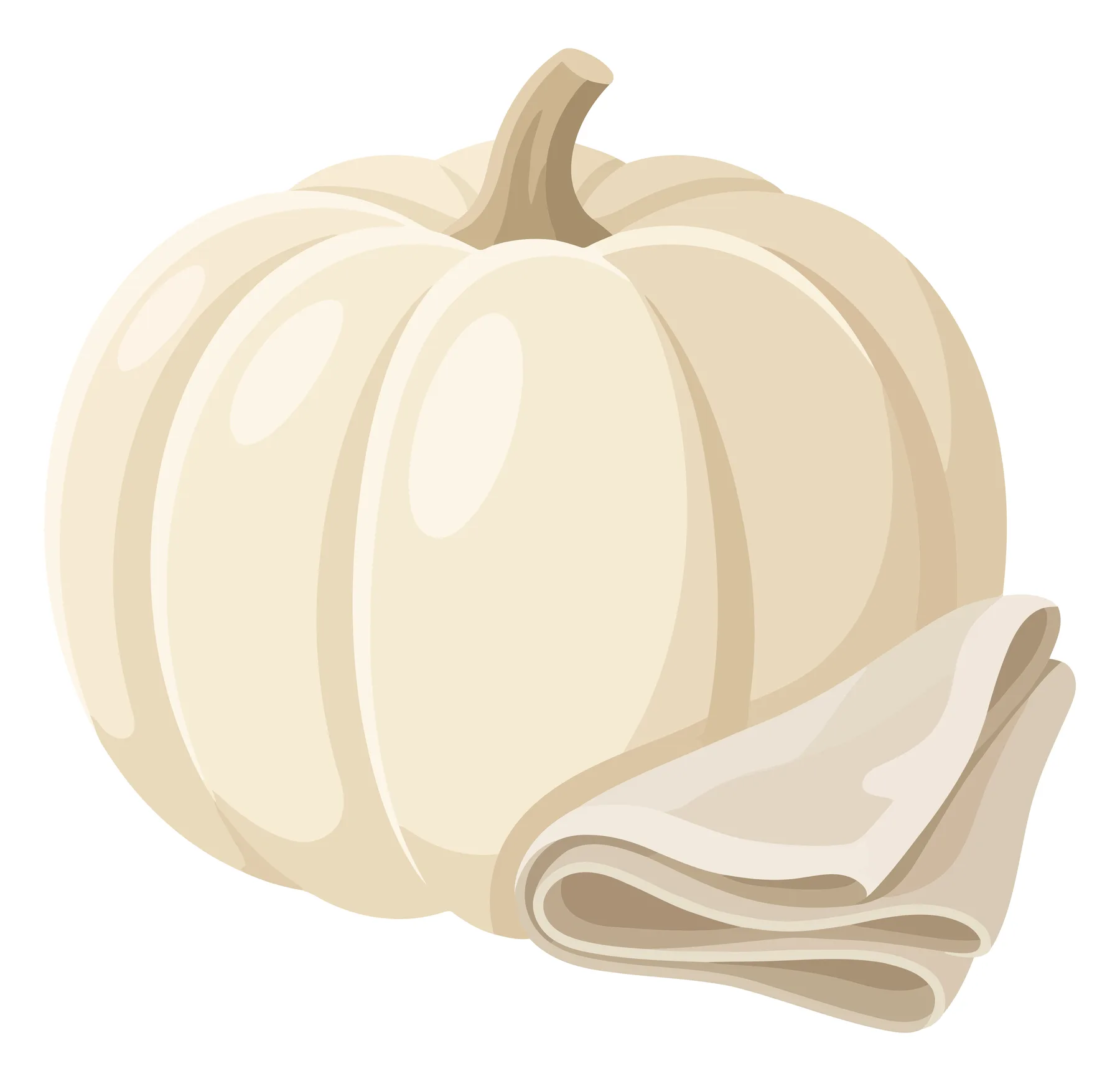 illustration of a white pumpkin with a folded fabric napkin, minimalist autumn harvest decor element for seasonal design projects