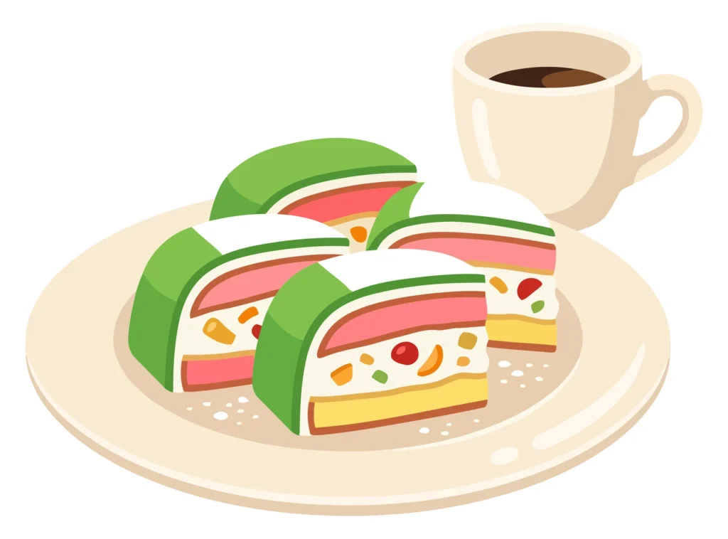illustration of delicious italian cassata cake slices served on a plate with a cup of coffee