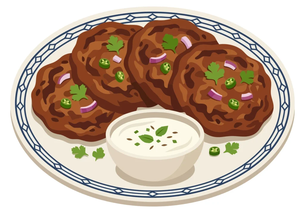 illustration of delicious shami kabab patties served with a side of creamy yogurt dip, garnished with fresh cilantro, sliced red onions, and