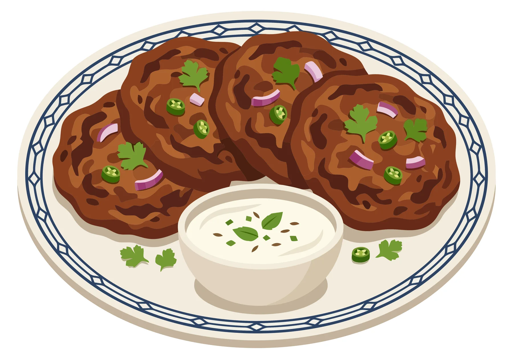 illustration of delicious shami kabab patties served with a side of creamy yogurt dip, garnished with fresh cilantro, sliced red onions, and