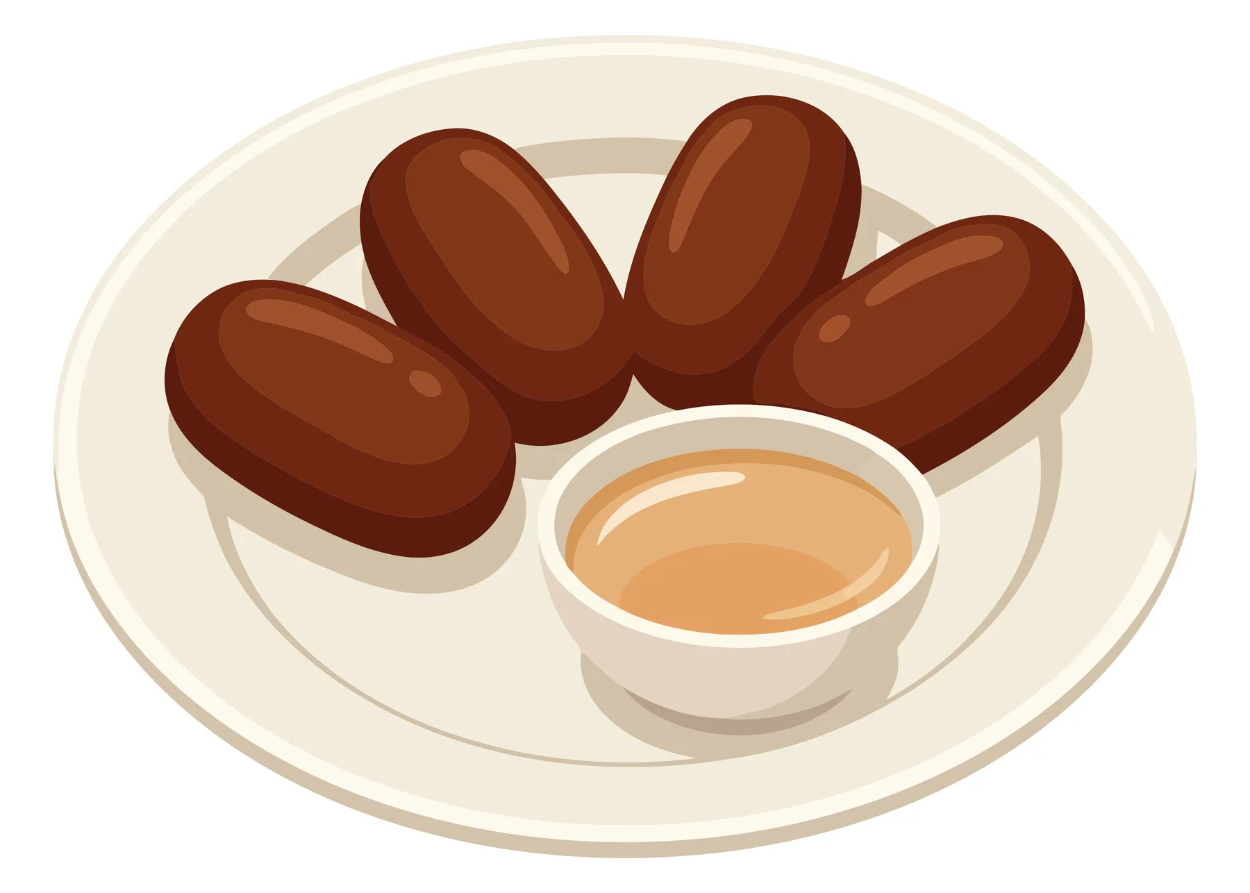 illustration of four brown, ovalshaped fried snacks or dates served on a white plate with a small bowl of dipping sauce, isolated on white b