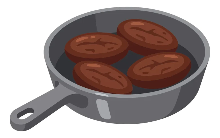 illustration of four roasted coffee beans frying in a dark grey cast iron skillet pan, isolated on white background