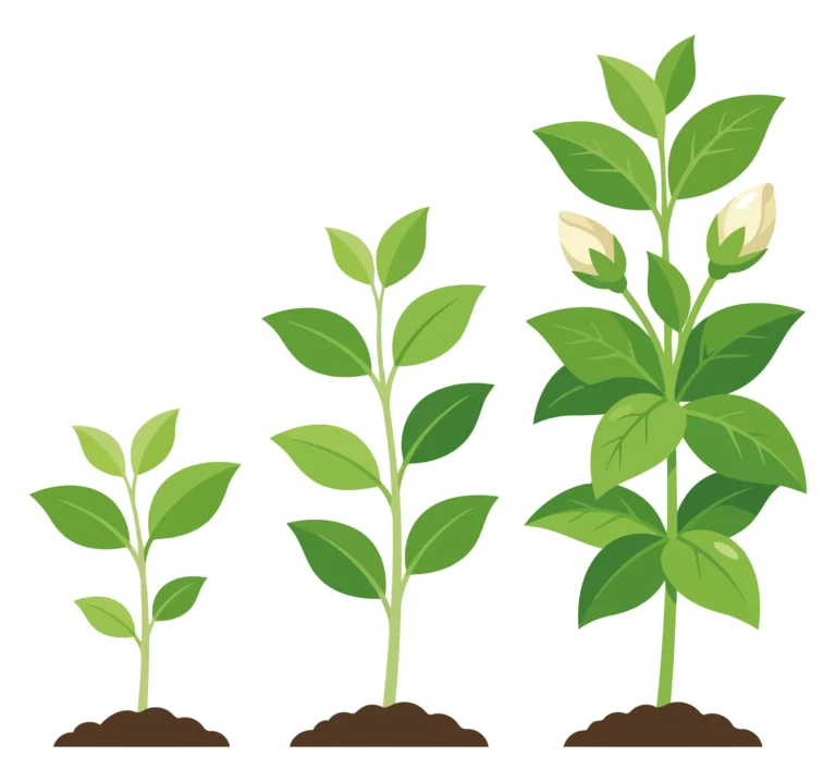 illustration of jasmine plant growth stages from sprout to flowering, isolated on white background