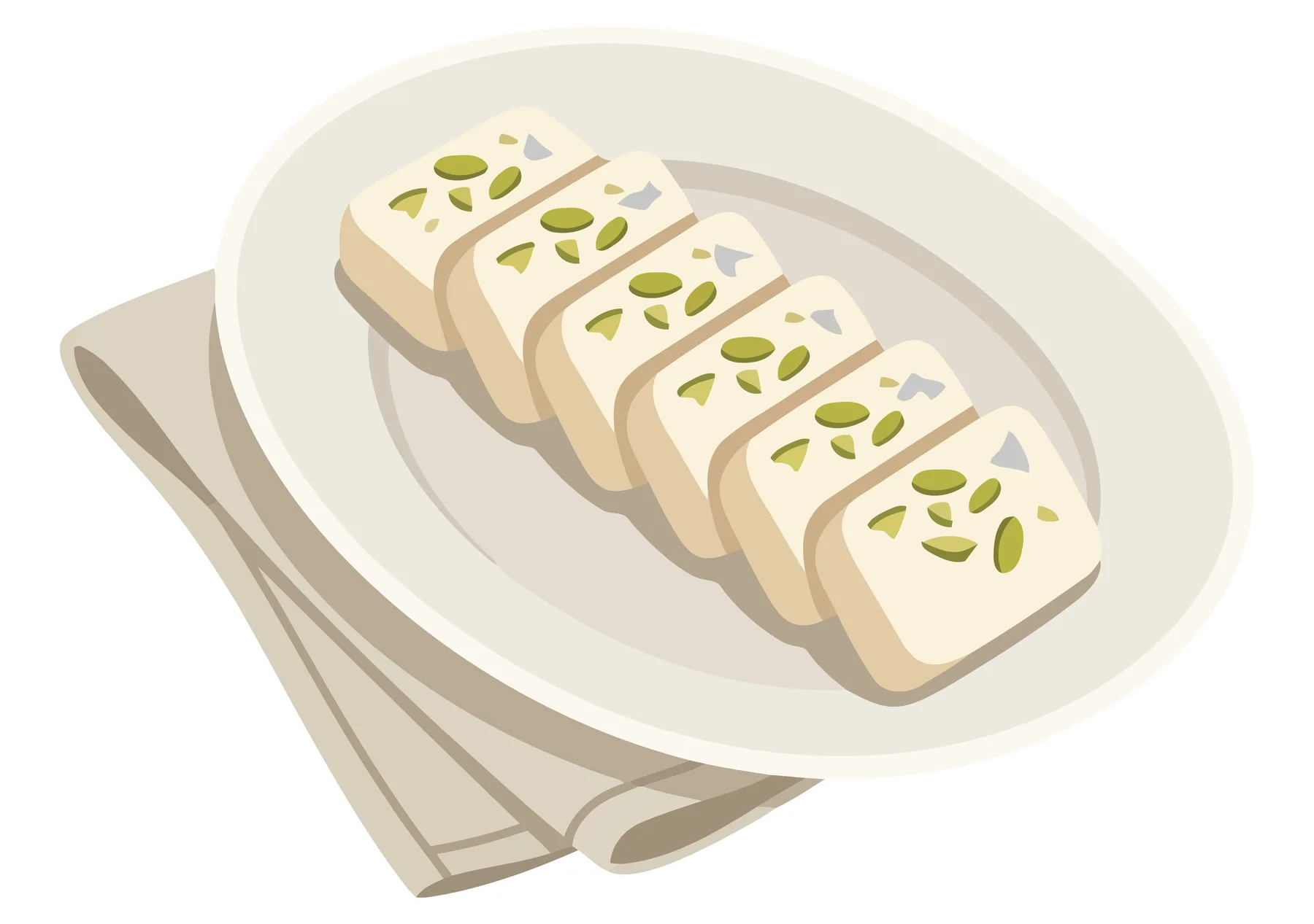 illustration of kaju katli or pista barfi, a traditional indian sweet dessert served on a plate with a napkin