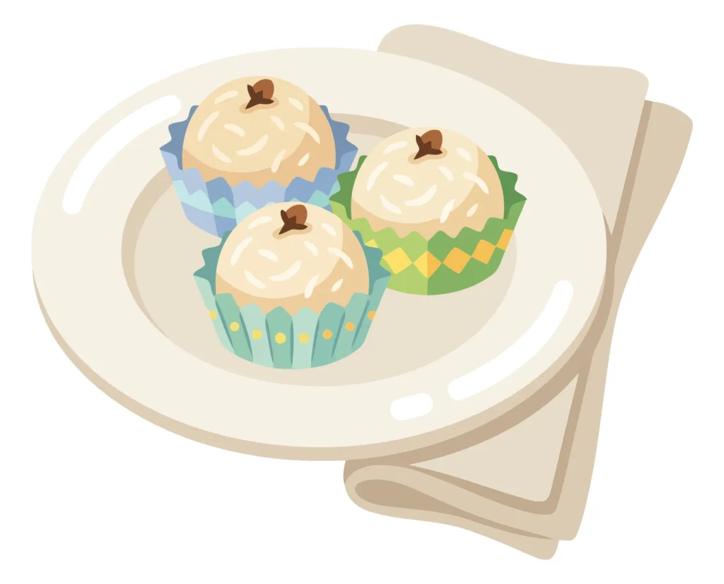 illustration of three beijinho de coco brazilian coconut brigadeiro sweets served on a white plate with a napkin